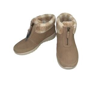 Skechers Go Walk Boots sz 7.5 Taupe Check Soft Stride Joy Evelyn Suede Front Zip